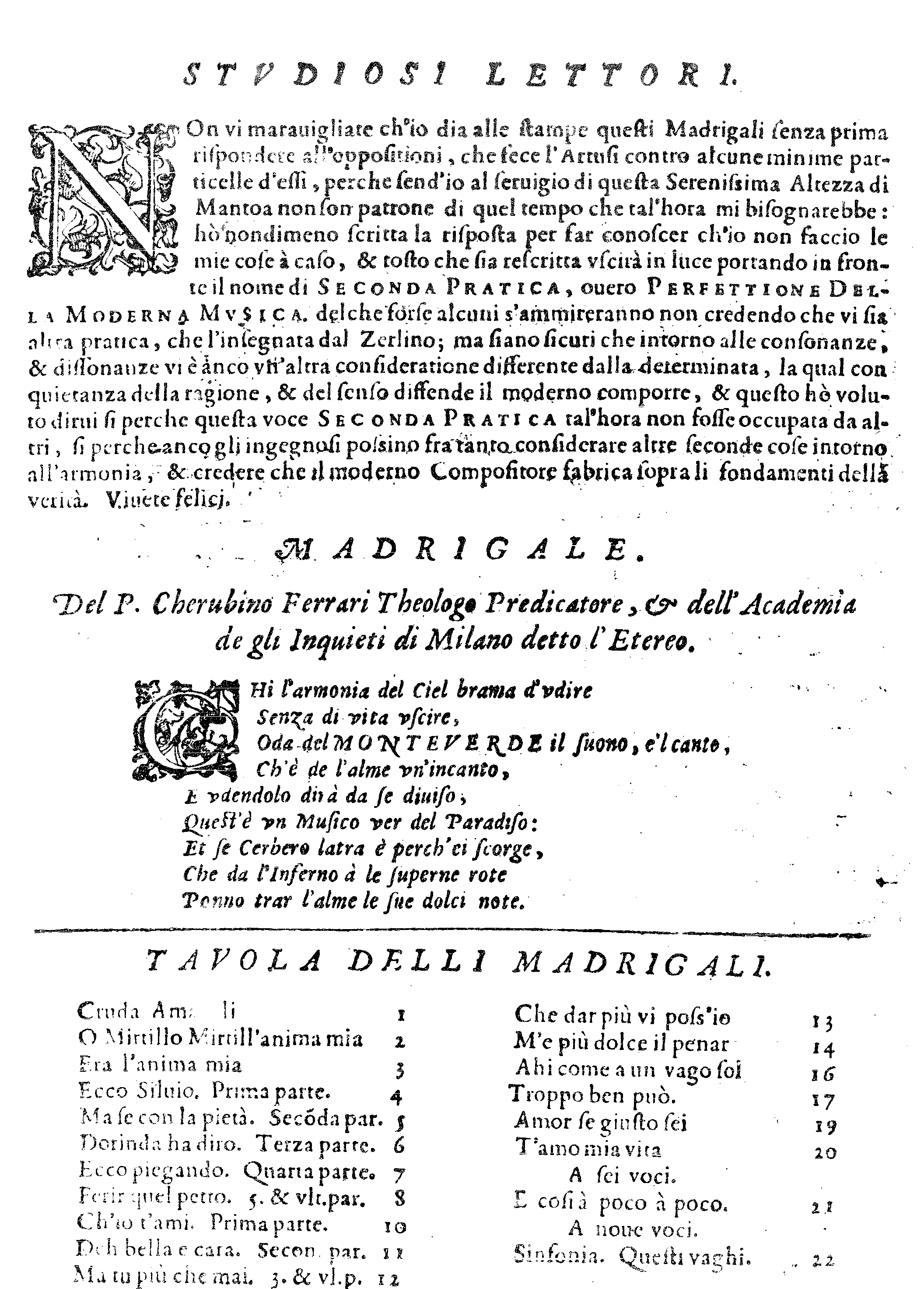 La nota agli «studiosi lettori» e l’indice dei madrigali dal Quinto Libro de Madrigali di Claudio Monteverdi
